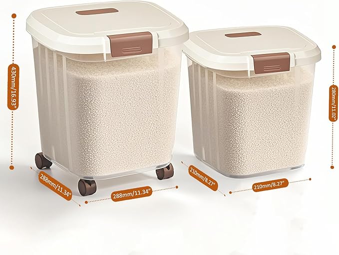 RUIAN 2PCS Airtight Food Storage Bin with Wheels BPA-Free, Lockable&Clear Pantry Organizer for Rice, Flour, Grains & Pet Food(22LBS and 55LBS)