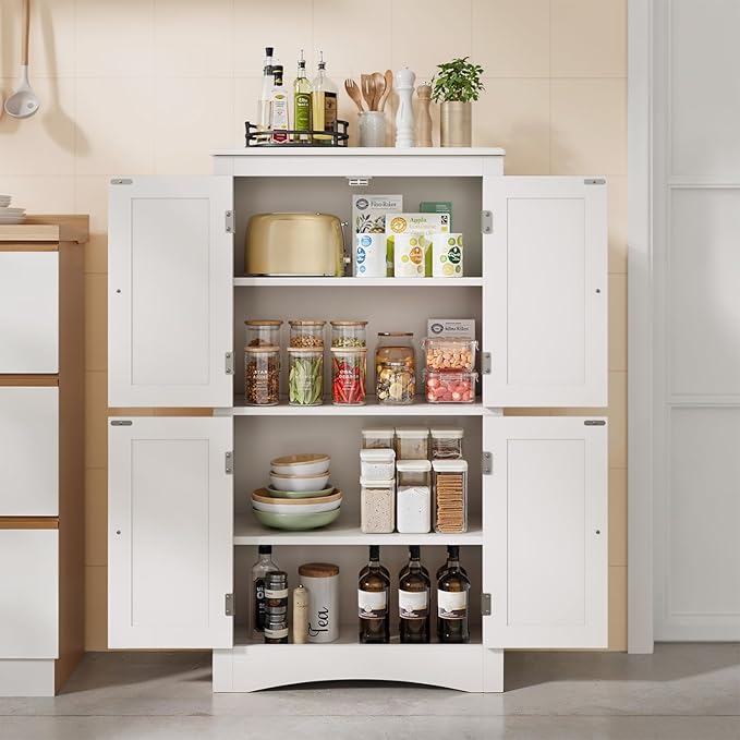 Gizoon 43" Kitchen Pantry Cabinet, Bathroom Storage Unit with Adjustable Shelves and 4 Magnetic Doors, Floor Cabinet for Kitchen, Living Room, White