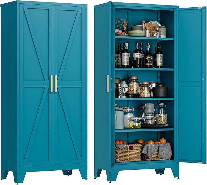 LCAOPC 71" Tall Metal Storage Cabinet with 2 Doors and 4 Adjustable Shelves, 5-Tier Kitchen Pantry Storage Cabinet for Kitchen, Living Room, Dining Room and Office, Blue