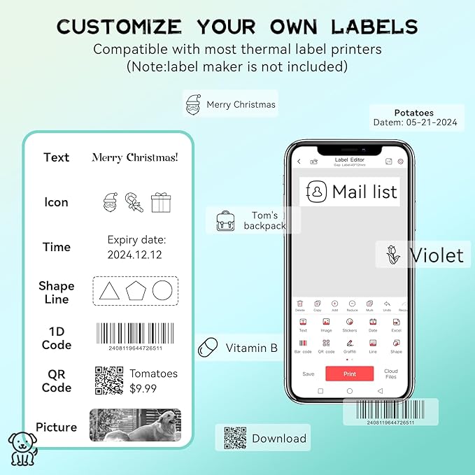 EEBBL D30 P15 HP4 Label Maker Tape 12mm 0.47 Laminated White, Works with Most Non-Encrypted Portable Label Printers，for Home, Office & Small Business 160 Labels/Roll, 5 Rolls White,5Rolls Clear