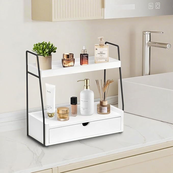 dreampossible 2-Tier Bathroom Organizer Countertop with Drawer, Wood Counter Organizer for Bathroom Decor, Sink Shelf for Vanity Storage, Makeup Tray for Perfume Skincare Bedroom Kitchen Corner