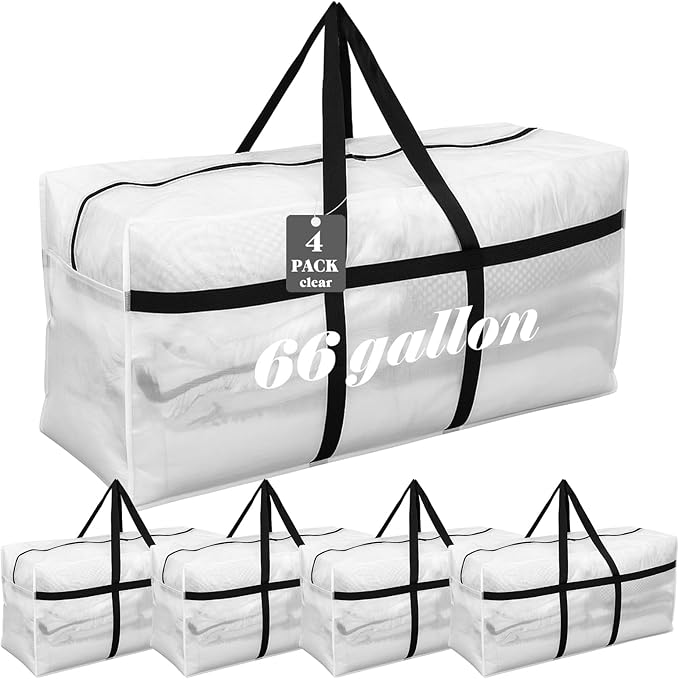 4 Pcs 66 Gallon Extra Large Moving Bags Heavy Duty Storage Bag with Strong Zipper Handle Foldable XXL Jumbo Storage Tote Packing Moving Box for College Dorm Travel Cloth Duffle (Clear)