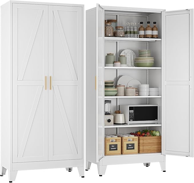 YAUWOH 71''Metal Cabinet with 4 Adjustable Shelves,5-Tier Pantry Storage Cabinet,Kitchen Pantry Cabinet for Living Room,Dining Room, White