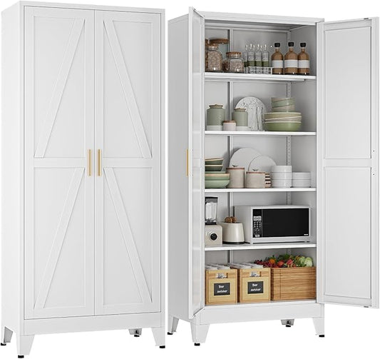 YAUWOH 71''Metal Cabinet with 4 Adjustable Shelves,5-Tier Pantry Storage Cabinet,Kitchen Pantry Cabinet for Living Room,Dining Room, White