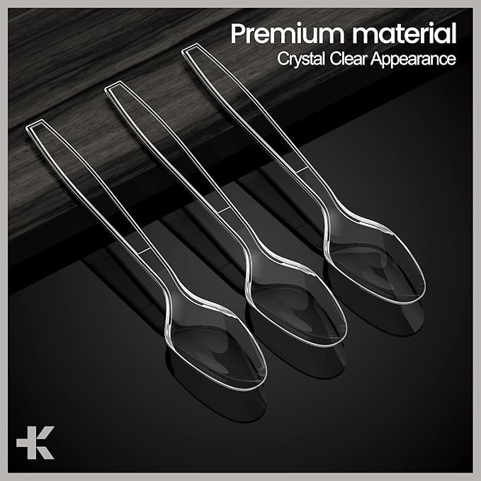 Bakken Disposable Cutlery Set 180 Pieces Spoons, Heavy Duty Plastic Silverware, BPA-Free Food-Grade Materials, Heat-Resistant, Reusable Utensils for Parties, Catering, BBQs, and Everyday Use, Clear