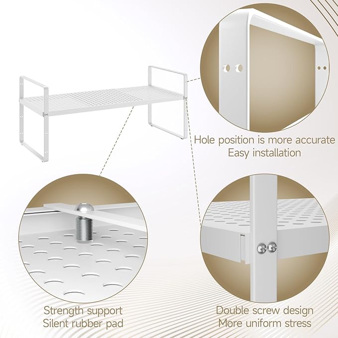 taiheis Hole Pattern Expandable Shelf Organizer,1Pack 10.2" Wide Easy to Assemble Cabinet Organizer Shelf, 16.5~27.1" Adjustable Height&Stackable Spice Organization for Cupboard, White