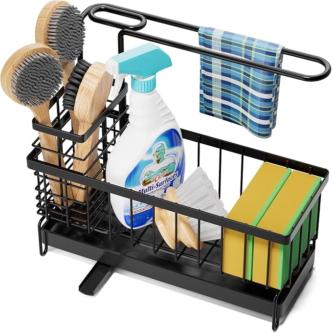 Kitchen Sink Caddy, Sponge Holder with Towel Holder, Kitchen Holder for Sink with 360 Degree Rotating Drain, Carbon Steel Rustproof, Kitchen Sink Caddy Sponge Holder for Gadgets and Decor