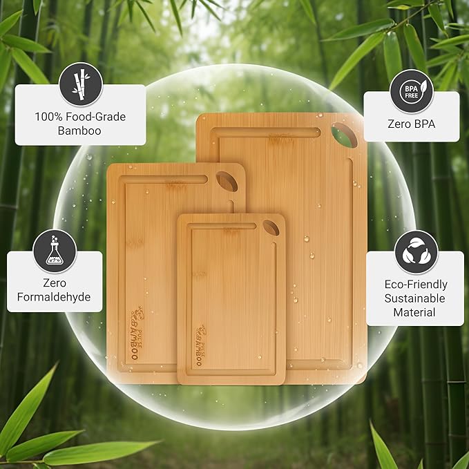Bamboo Cutting Board Gift Set for Kitchen – Set of 3 Natural Bamboo Cutting Boards with Juice Grooves, Wooden Chopping Boards for Meat, Vegetables & Cheese, Durable Eco-Friendly Food Prep Board Set