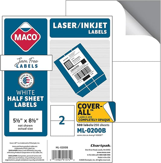 MACO Laser/Ink Jet White Cover-All Internet Shipping Labels, 5-1/2" x 8-1/2", 2 per Sheet, 500 per Box (ML-0200B)