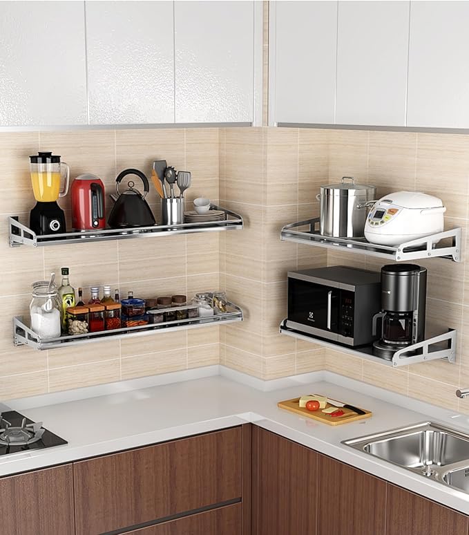Wall Mount Metal Wall Shelf Kitchen Spice Condiment Racks 304 Stainless Steel fit Storage Rack Bedroom Bathroom Living Room Shelves (Length31.5 width9.8)