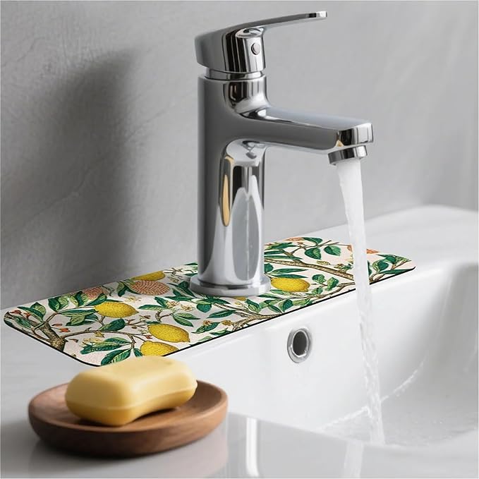 Kitchen Sink Splash Guard，Lemon-tree Faucet Mat Sink Gadgets-Super Absorbent Fast Drying Mat Drip Catcher for Kitchen, Bathroom,Sink Mat, Dish Drying Mat, Bathroom(15" X 5.5" )