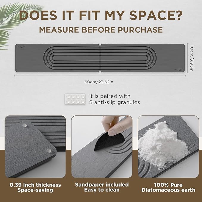 Faucet Mat for Kitchen Sink, Diatomite Stone Drying Sink Protectors, Bathroom Faucet Splash Guard, Quick Dry Water Absorbing, Non-Slip Tray for Kitchen Counter, Gray, 11.8" x 3.9" x 2pcs
