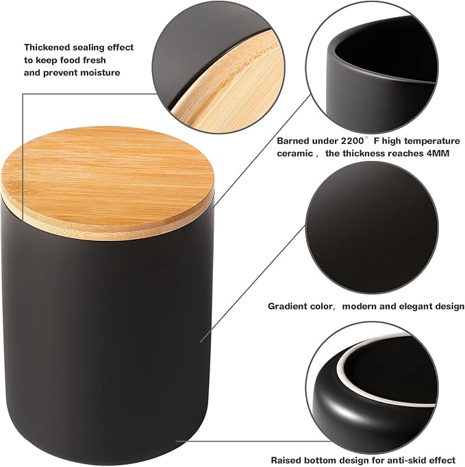 Yangbaga Black Ceramic Canister Set for Kitchen-Set of 3 Kitchen Canisters for Countertop with Airtight Wood Lids,Large Kitchen Storage for Flour,Suger,Coffee-Modern Countertop Decor