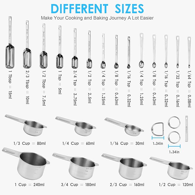zoyizi Measuring Cups and Spoons Set 22, 18/8 Stainless Steel Long Hanlde Measuring Spoons & Mini Measuring Spoons and 1 Leveler, Metric & US Measure Cup and Spoon for Dry and Liquid