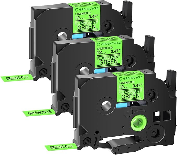 GREENCYCLE Compatible for TZ TZE D31 TZe-D31 AZE D31 0.47 Inch 1/2" Black on Fluorescent Green Laminated Label Tape 12mm x 5m for PTD210 D400AD D600 PTH100 PTH110 PT1290 PT-1230PC, 3 Pack