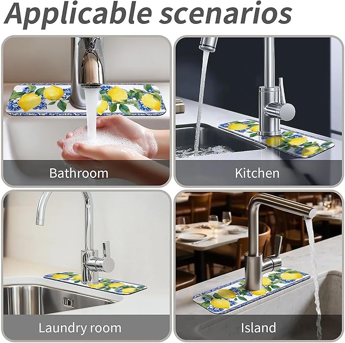 Kitchen Sink Splash Guard，Lemons and blue tiles Faucet Mat Sink Gadgets-Super Absorbent Fast Drying Mat Drip Catcher for Kitchen, Bathroom,Sink Mat, Dish Drying Mat, Bathroom(15" X 5.5" )