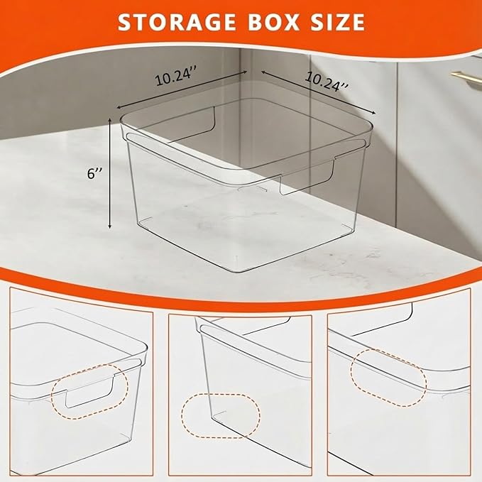MOONEDGE 4-Pack Clear Plastic Storage Bins — Open-Top PET Organizers, 10" x 10" x 6" Storage Containers Ideal for Pantry, Fridge, Shelf and Counter Organization, Small Storage Bins for Home