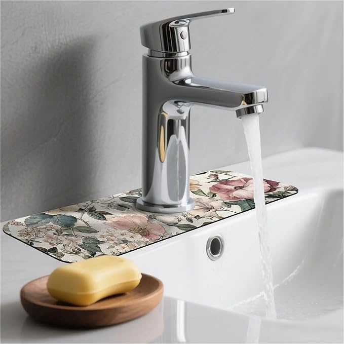 Kitchen Sink Splash Guard，Vintage botanical Faucet Mat Sink Gadgets-Super Absorbent Fast Drying Mat Drip Catcher for Kitchen, Bathroom,Sink Mat, Dish Drying Mat, Bathroom(15" X 5.5" )