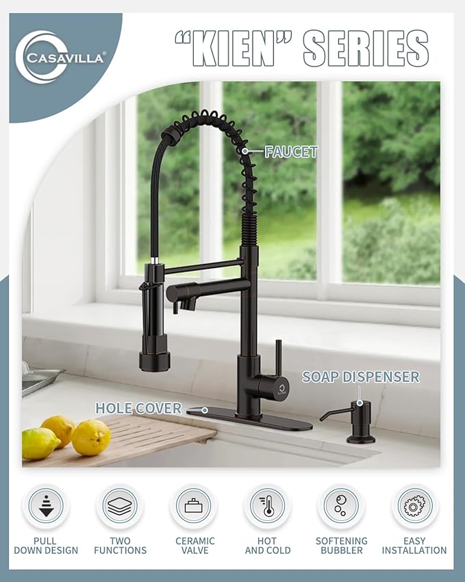 Kitchen Faucet,Oil Rubbed Bronze Faucet with Soap Dispenser,Black Kitchen Faucets with Pull Down Sprayer,Kitchen Sink Faucet with Dual Function Spray Head for 1-4 Holes Kitchen Sink