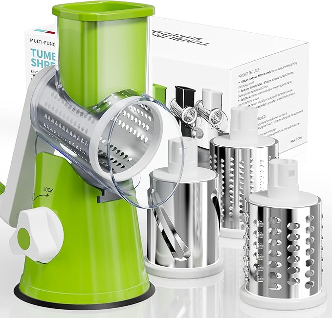 Nexsujo Rotary Cheese Grater Hand Crank, 3 Blades Slicer Shredder, Cheese Grater for Kitchen, Multi-Functional Kitchen Tool for Vegetables, Nuts, Chocolate, with Strong Suction Base, Green
