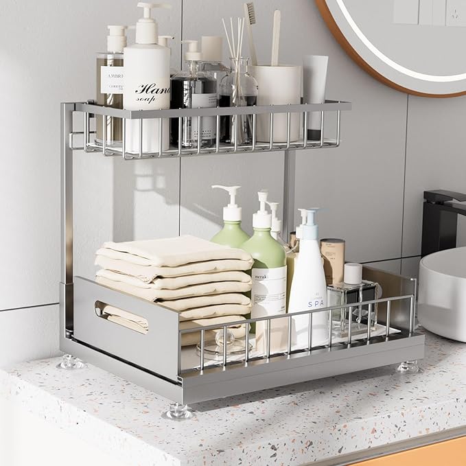 Under Sink Organizer Storage 2-Tier Premium Metal Pull-Out Kitchen Cabinet Organizer with Sliding Drawer, Height Adjustable, Heavy Duty for Kitchen & Bathroom Organizers 2 Pack Grey