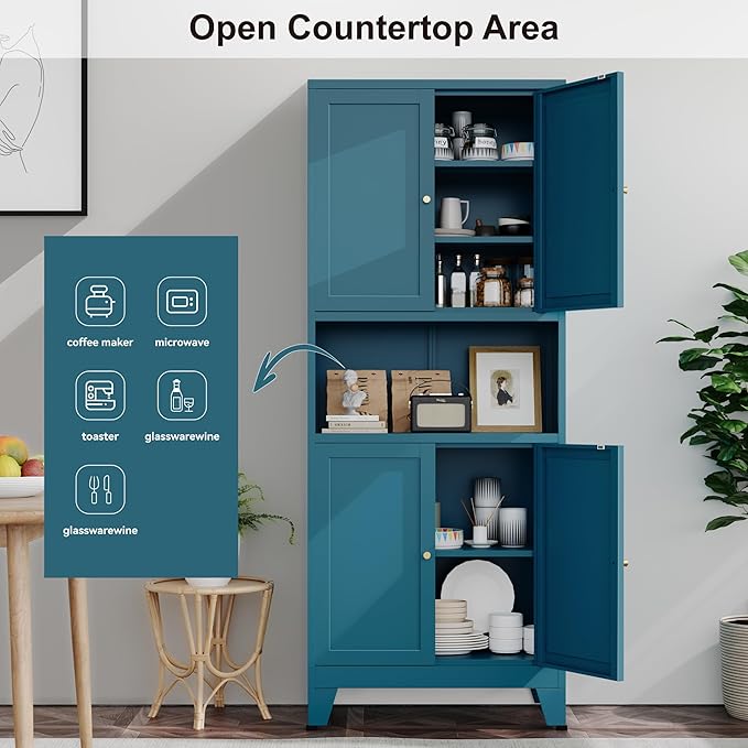 YAUWOH Metal Pantry Storage Cabinet, 69" Tall Storoge Cabinet with 4 Doors & 3 Adjustable Shelves, Microwave Stand with Storage for Kitchen, Dining Room, Living Room (1PC,Blue)