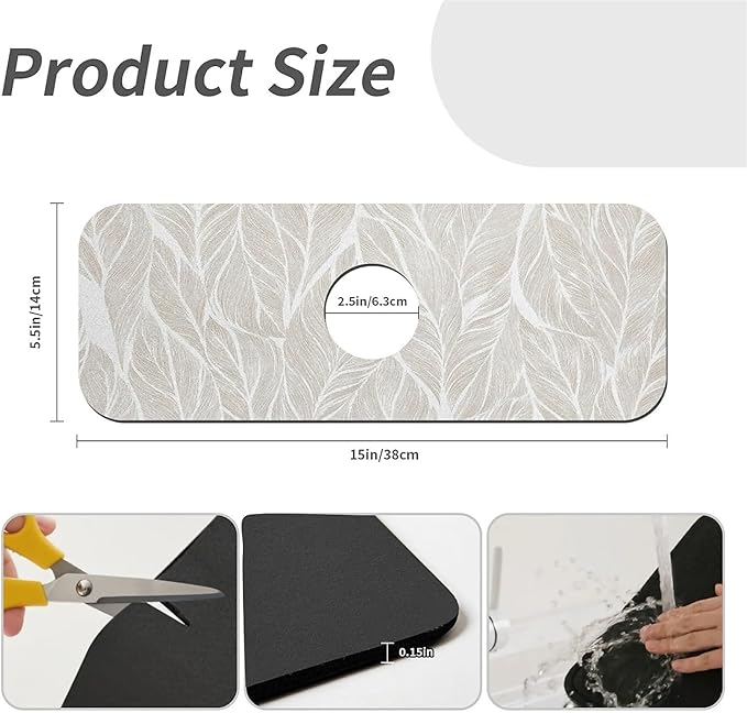 Kitchen Sink Splash Guard，White and beige leaf Faucet Mat Sink Gadgets-Super Absorbent Fast Drying Mat Drip Catcher for Kitchen, Bathroom,Sink Mat, Dish Drying Mat, Bathroom(15" X 5.5" )