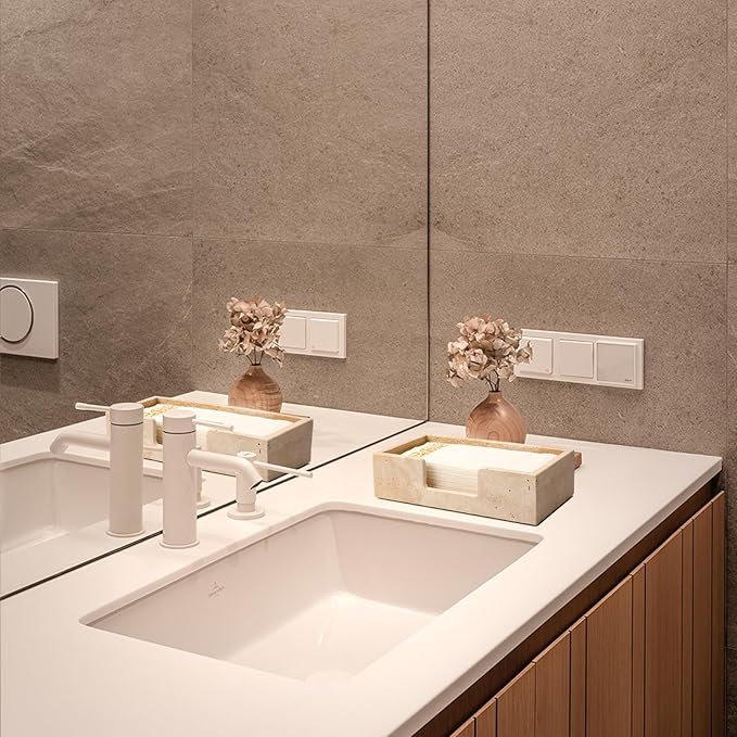 Shonmogar Guest Towel Holder Natural Travertine Bathroom Napkin Holder Luxe Stone Napkin Holder for Bathroom,Stylish Guest Towel Holder Tray for Bathroom Vanity Toilet Dining Table, Beige