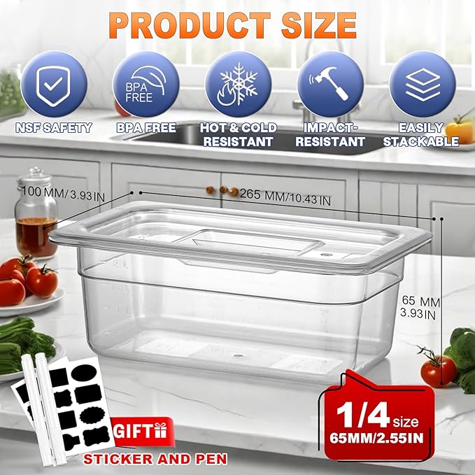 RVGMBO 1/4 Size 2.5 Inch Commercial Food Pan with Lids-[NSF Certified][Hot&Cold Resistant] 6PCS Clear Restaurant Food Storage Containers with Lids, Topping Salad Bar Container (BPA-Free)
