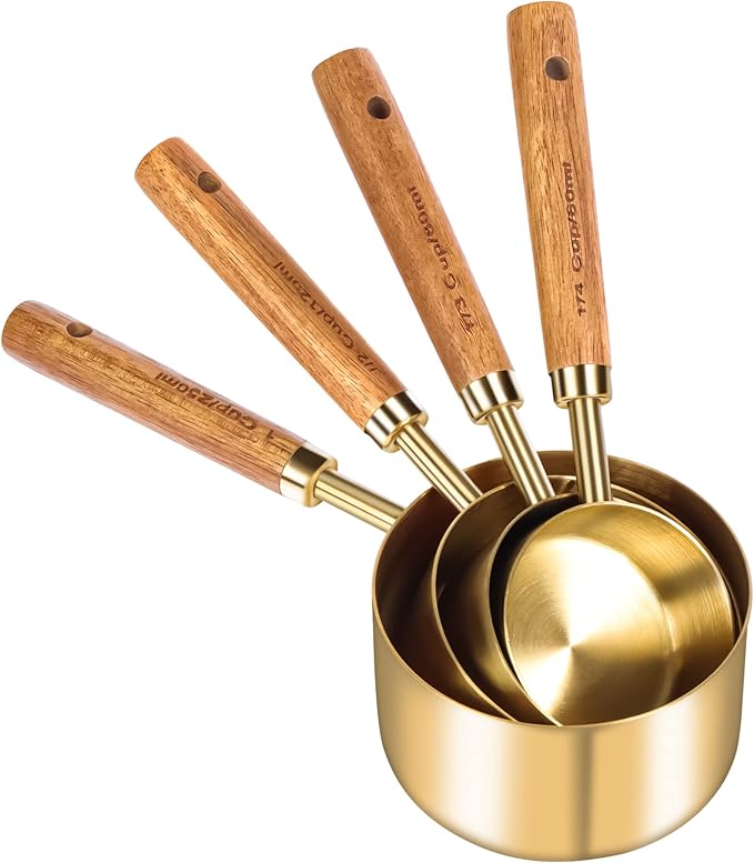 GuDoQi Gold Measuring Cups and Spoons Set of 8, Wood Handle with Metric and US Measurements, Premium Stainless Steel, Golden Polished Finish, Dry & Liquid Measuring Cup for Cooking and Baking