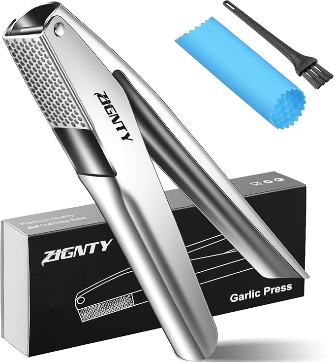 ZIGNTY Garlic Press Stainless Steel，Professional Garlic Mincer Tool No Need to Peel，Dual Lever-Assisted Garlic Masher with Large Chamber，High Effective Garlic Crusher & Garlic Presser Dishwasher Safe