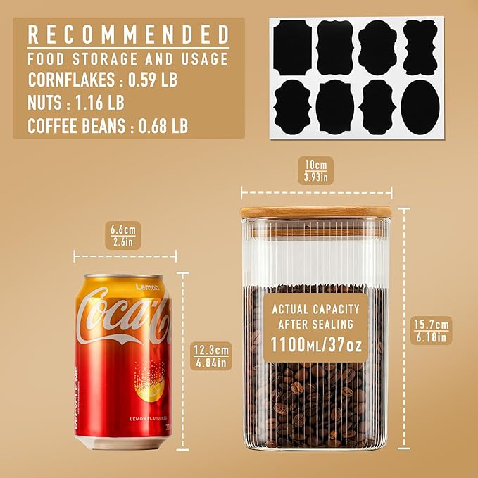37oz Airtight Glass Square Storage Canisters with Bamboo Lids Set of 6 (1100ml) Striped Stackable Containers, Decorative Kitchen Jars for Tea, Nuts and Coffee (‎with Black Lable)