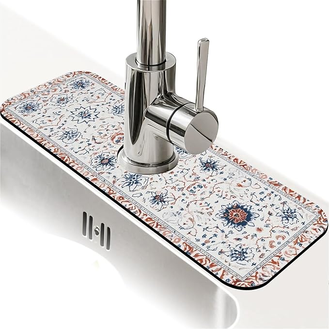 Kitchen Sink Splash Guard，Geometrically complex flowers Faucet Mat Sink Gadgets-Super Absorbent Fast Drying Mat Drip Catcher for Kitchen, Bathroom,Sink Mat, Dish Drying Mat, Bathroom(15" X 5.5" )