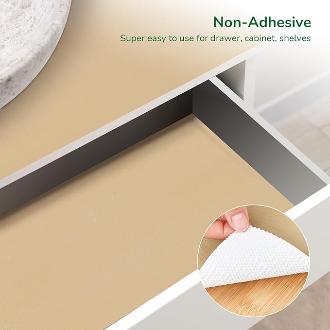 Drawer and Shelf Liner for Kitchen, Non-Slip Non-Adhesive Cabinet Liners for Cupboard, Dresser, Shelves, Tool Box, Pantry, Thickened Easy Install, Strong Grip, 17.5In x 20FT, Beige