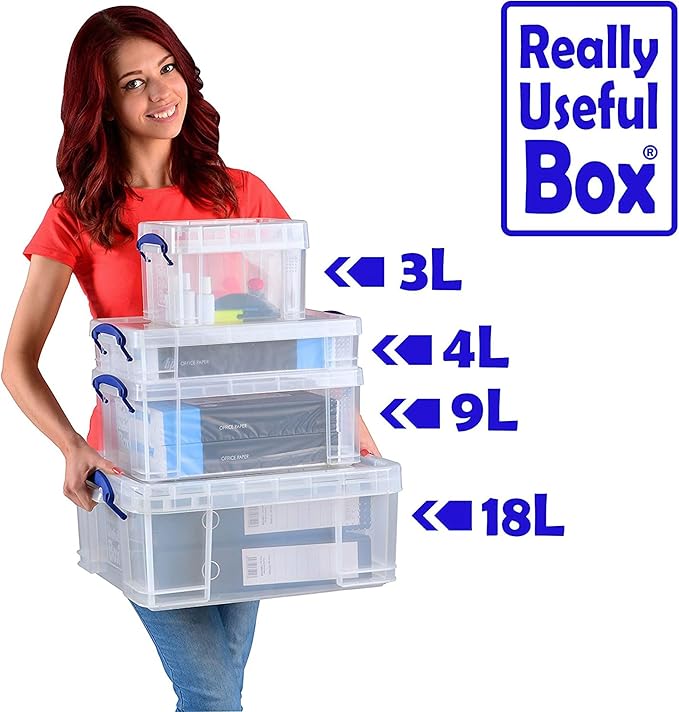 Really Useful Box 4 Liter Plastic Stackable Storage Container w/Snap Lid & Built-In Clip Lock Handles for Home & Office Organization, Clear (3 Pack)