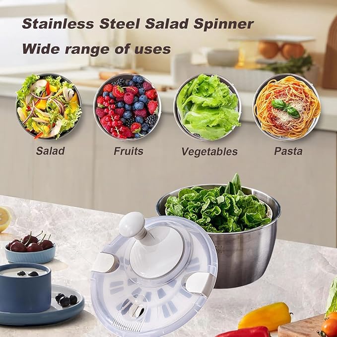 6L Stainless Steel Salad Spinner, Salad Spinner Large,Lettuce Spinner, Quick Spin for Drying Vegetables, Vegetable Dryer, Fruit Washer, Pasta & Fries Produce Strainer A Must-Have for Your Kitchen