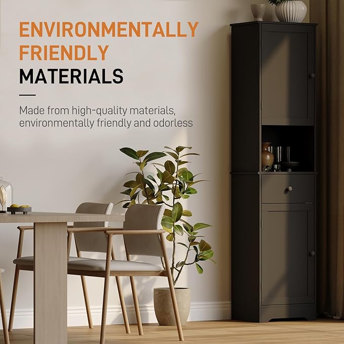 Viaozutis Tall Bathroom Cabinet, Storage Cabinet with 2 Doors & 2Drawer, with Ajustable Shelve, for Bathrooms, Kitchens,Entrances,Bedrooms（Black）