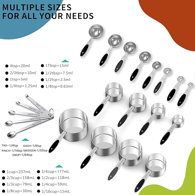 Minteem Measuring Cups and Spoons Set, 21 Pieces Stainless Steel Measuring Cups Measuring Spoons Set with Black Silicone Handle, Nesting Measuring Cup Spoon for Dry or Liquid Ingredients