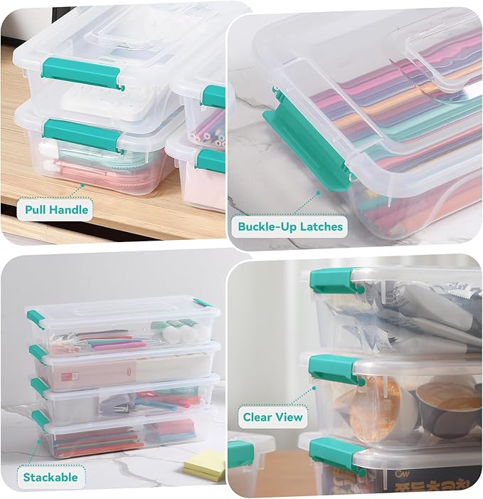 novelinks Clear Stackable Storage Bins with lid Storage Boxes Durable Plastic Organizer Containers for Home Office, Kitchen, Craft Supplies (4 Quart 8 Pack Green)