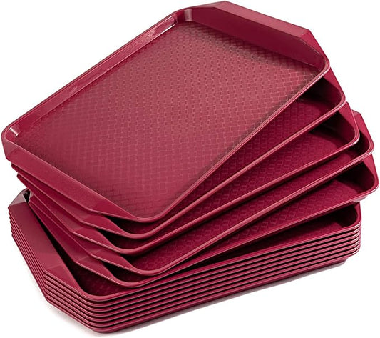 Aebeky Plastic Fast Food Tray,16.7 by 11.8-Inch,Set of 12 (Wine Red)