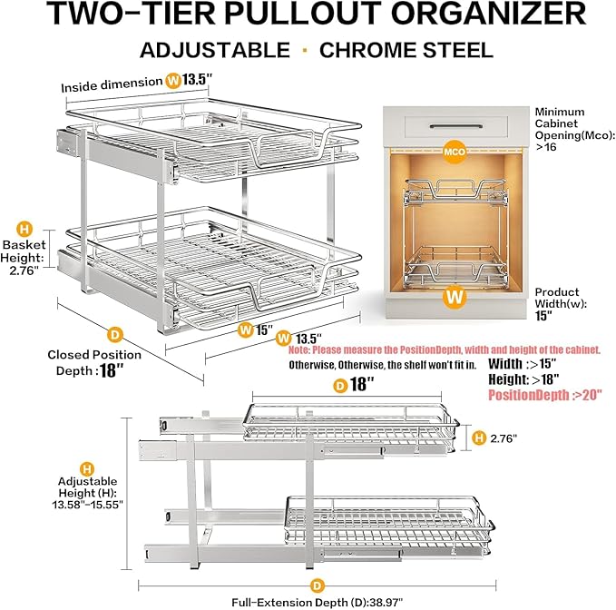 QUYUWU 2-Tier Kitchen Cabinet Pull Out Shelf and Drawer Organizer Slide Out Pantry Storaqe Basket in Multiple Sizes (15" W x18 D)