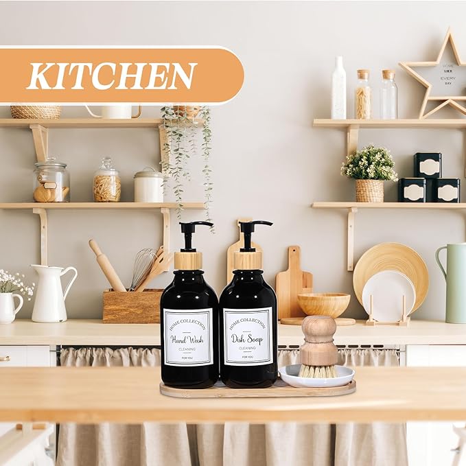 Zopeal 4 Pcs 16 oz Kitchen Soap Dispenser Set with Bamboo Tray and Dish Brush Plastic Soap Dispenser Set with Waterproof Labels for Hand Dish Lotion(Black)