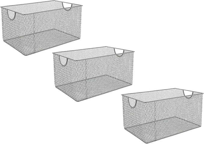 YBM Home Kitchen Pantry Organizer Wire Basket for Shelves, Cabinets, Pantry, Countertop, Mesh Open Storage Bin Metal Basket for Organizing Food Supplies 13.3x8.5x6.5, Pack of 3, Silver