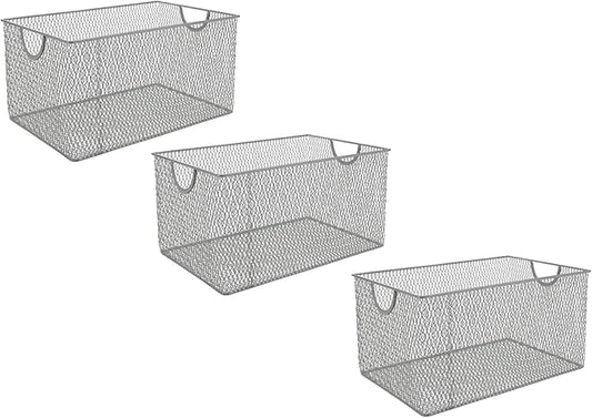 YBM Home Kitchen Pantry Organizer Wire Basket for Shelves, Cabinets, Pantry, Countertop, Mesh Open Storage Bin Metal Basket for Organizing Food Supplies 13.3x8.5x6.5, Pack of 3, Silver