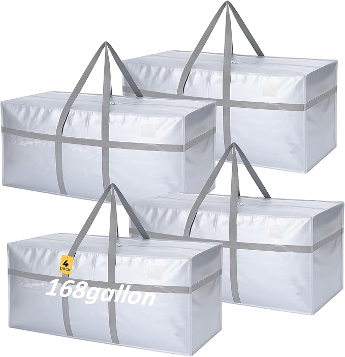 Windyun 4 Pack 168 Gallon Extra Large Moving Bags XXL Heavy Duty Storage Bag with Strong Zipper Handle Jumbo Big Tote Box Foldable for College Dorm Travel Clothes Duffle Blanket Pillow(Silver)