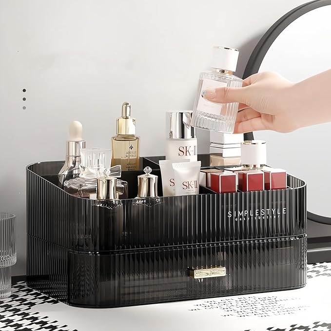 Decorcode Makeup Organizer for Vanity, Large Desk Organizer with Stackable Drawer for Cosmetics, Skincare, Lipsticks, Palette, Nail Care, Ideal Storage for Dresser and Bathroom Countertop- Black