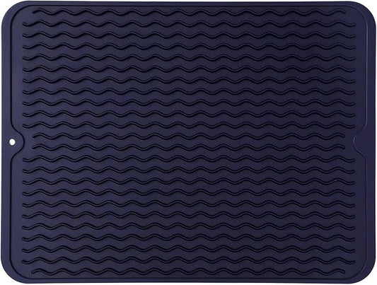 Silicone Dish Drying Mat for Multiple Usage,Easy clean,Eco-friendly,Heat-resistant Silicone Mat for Kitchen Counter or Sink,Refrigerator or drawer liner Navy Blue L 16 inches x 12 inches