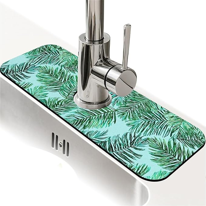 Kitchen Sink Splash Guard，Green palm leaves Faucet Mat Sink Gadgets-Super Absorbent Fast Drying Mat Drip Catcher for Kitchen, Bathroom,Sink Mat, Dish Drying Mat, Bathroom(15" X 5.5" )