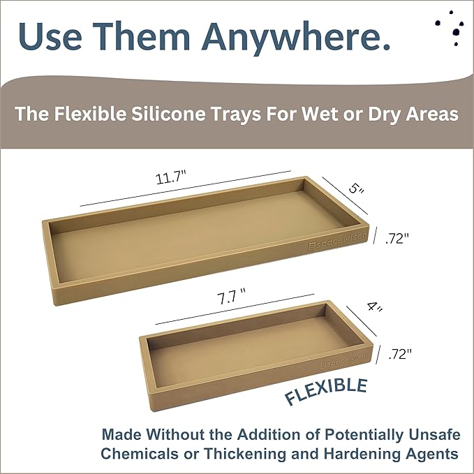 Spacewiser Countertop and Vanity Tray - 2 PC (11” and 7”) Shatterproof Silicone Kitchen and Bathroom Trays for Counter, Kitchen Soap Dispenser Tray, Vanity Trays for Bathroom, Perfume Key Tray