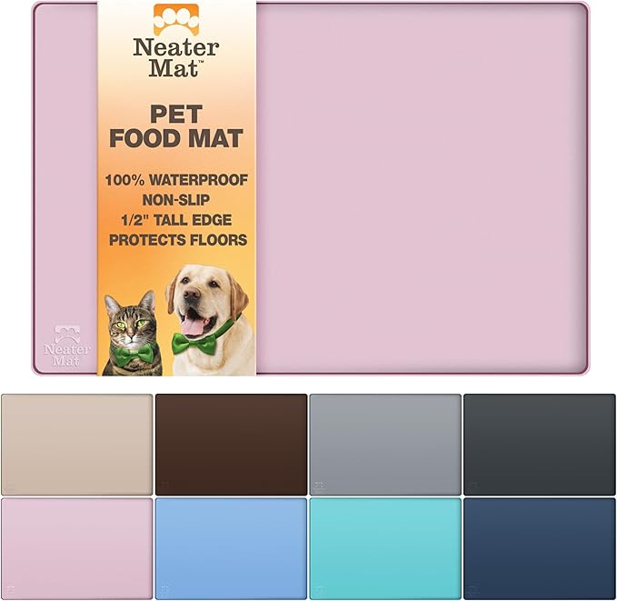 Neater Pet Brands Neater Mat Pet Mats for Food and Water, Cat & Dog Bowl Mat Waterproof Silicone, Feeding Tray, Dog Food Mats for Floors, Placemat w/Raised Edge for Under Bowls, 16” x 10”, Light Pink